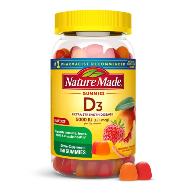 Nature MadeExtra Strength Vitamin D3 5000 IU (125 mcg) per serving, Dietary Supplement for Bone, Teeth, Muscle and Immune Health Support, 150 Gummies, 75 Day Supply